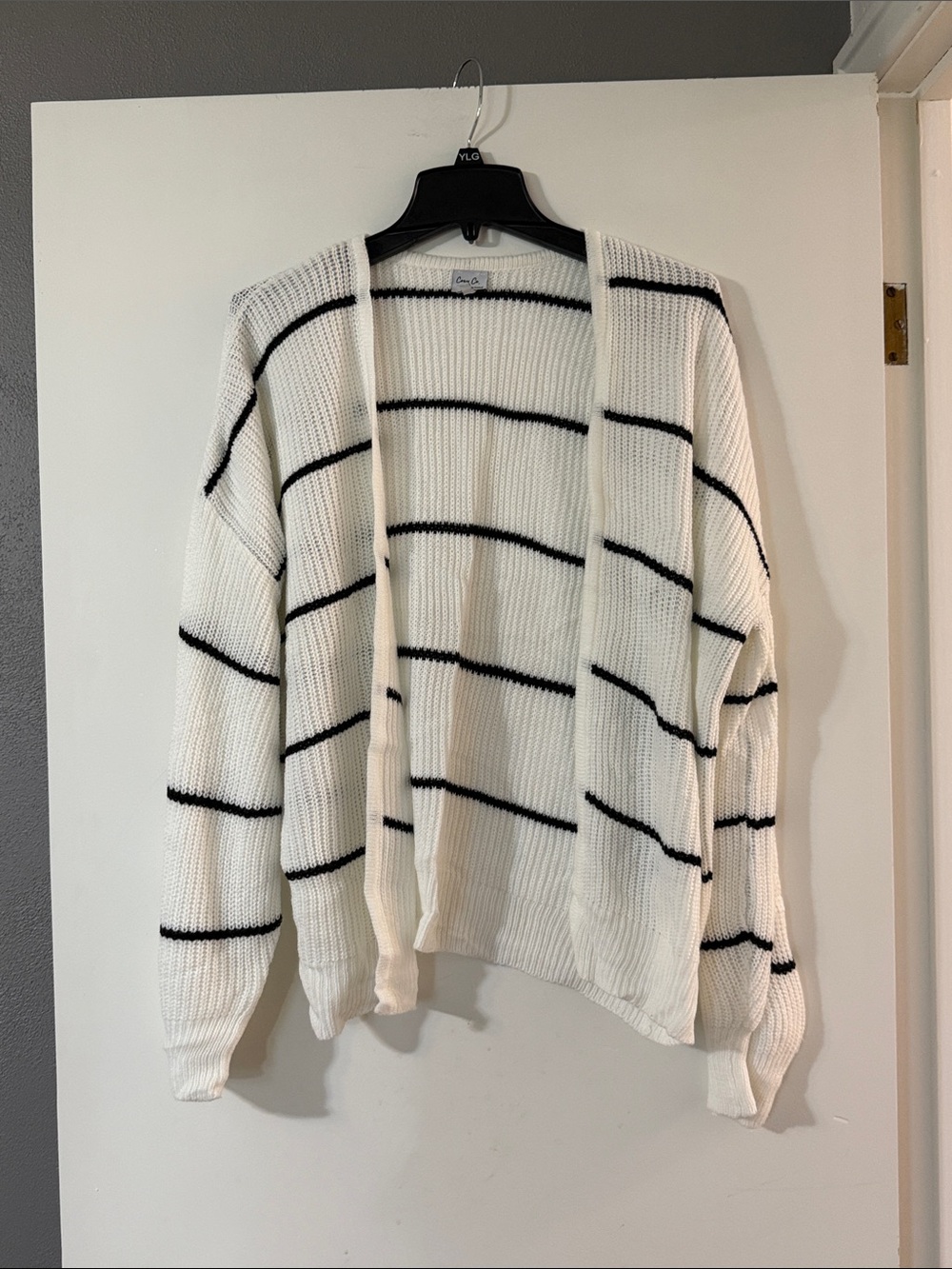 Cozy Casual White Open-Front Cardigan with Black Stripes